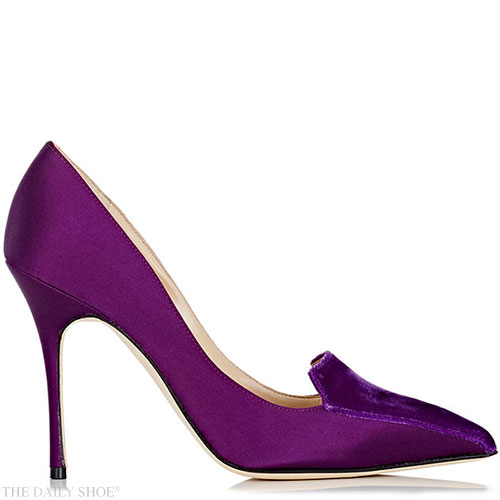 Manolo Blahnik purple satin Elatiamod pumps styled with a suede vamp.