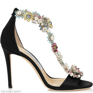 Jimmy Choo Reign Black Satin Sandals with Camellia Mix Anklet
