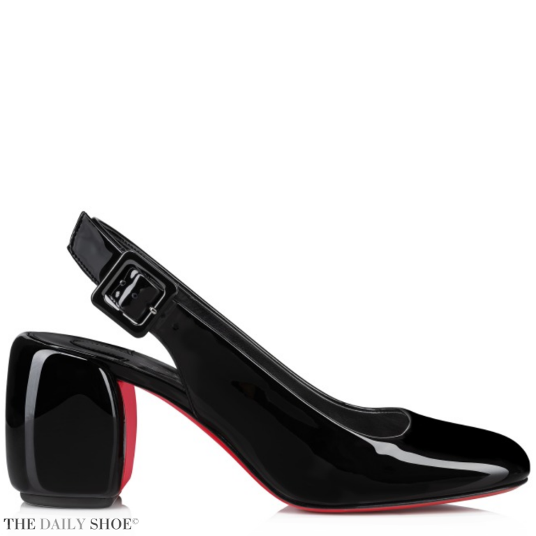 Black Christian Louboutin Minny Sling pumps with oversized heel and ankle strap.