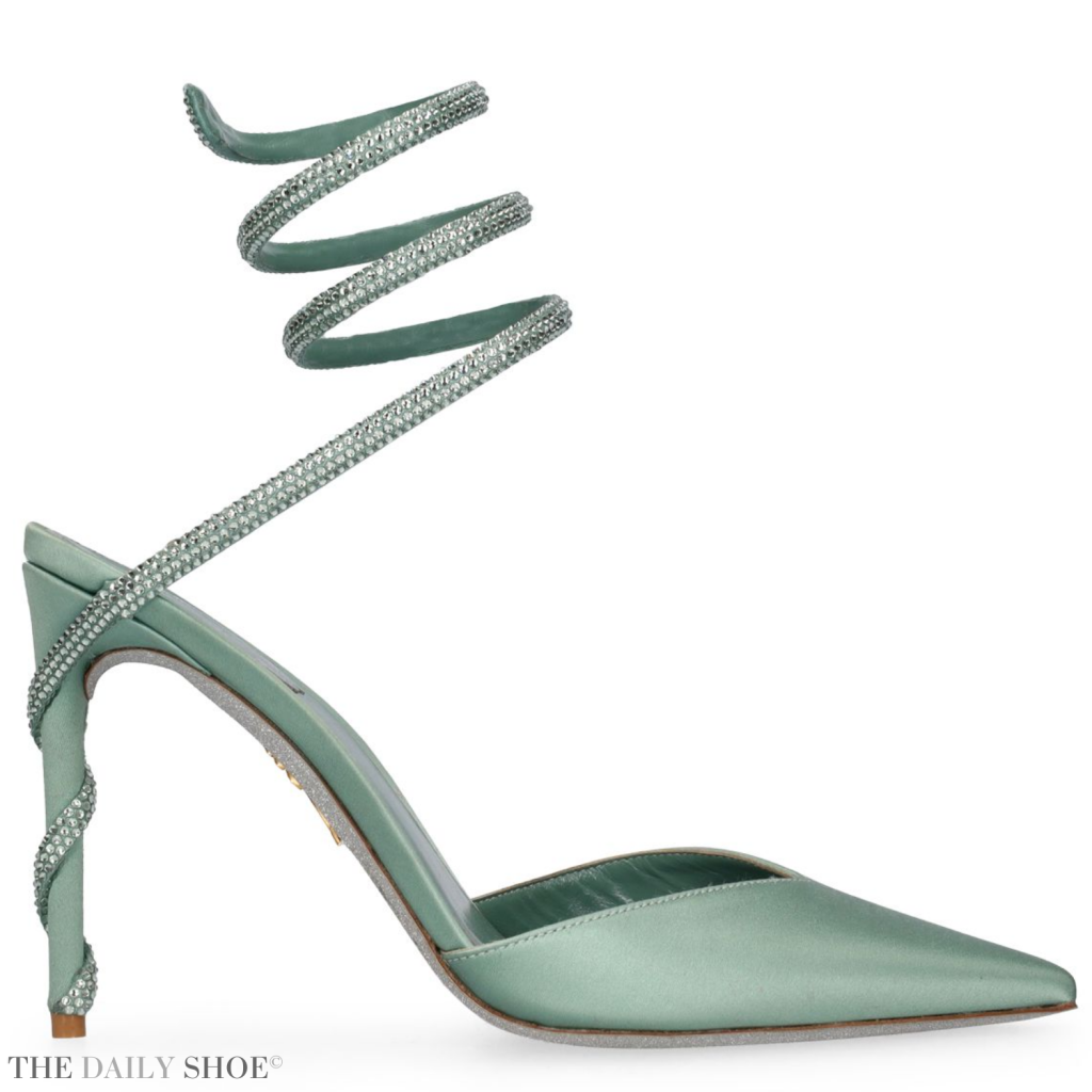 A pair of light green satin pumps by René Caovilla, adorned with shimmering crystals and featuring a 105mm heel.